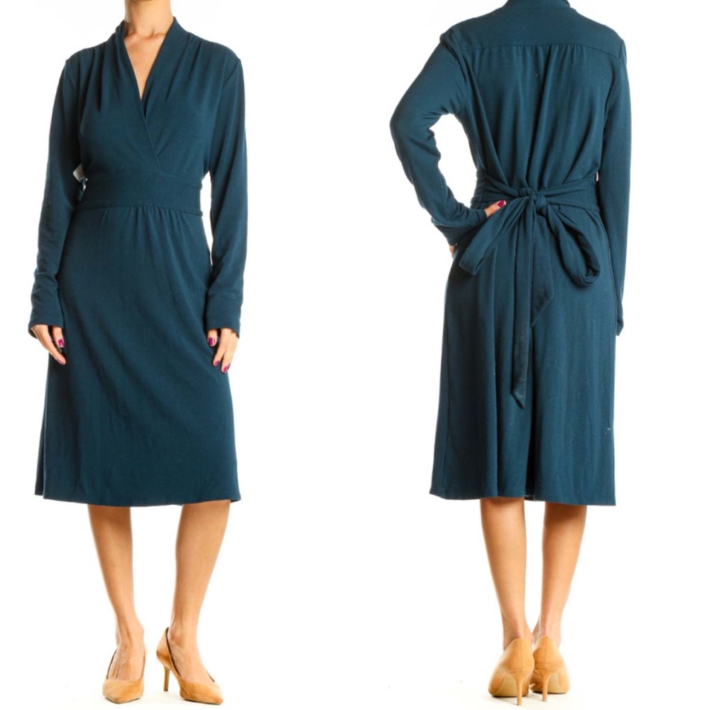 CAbi blue surplice v-neck tie waist stretchy knit long sleeve sweater dress XS